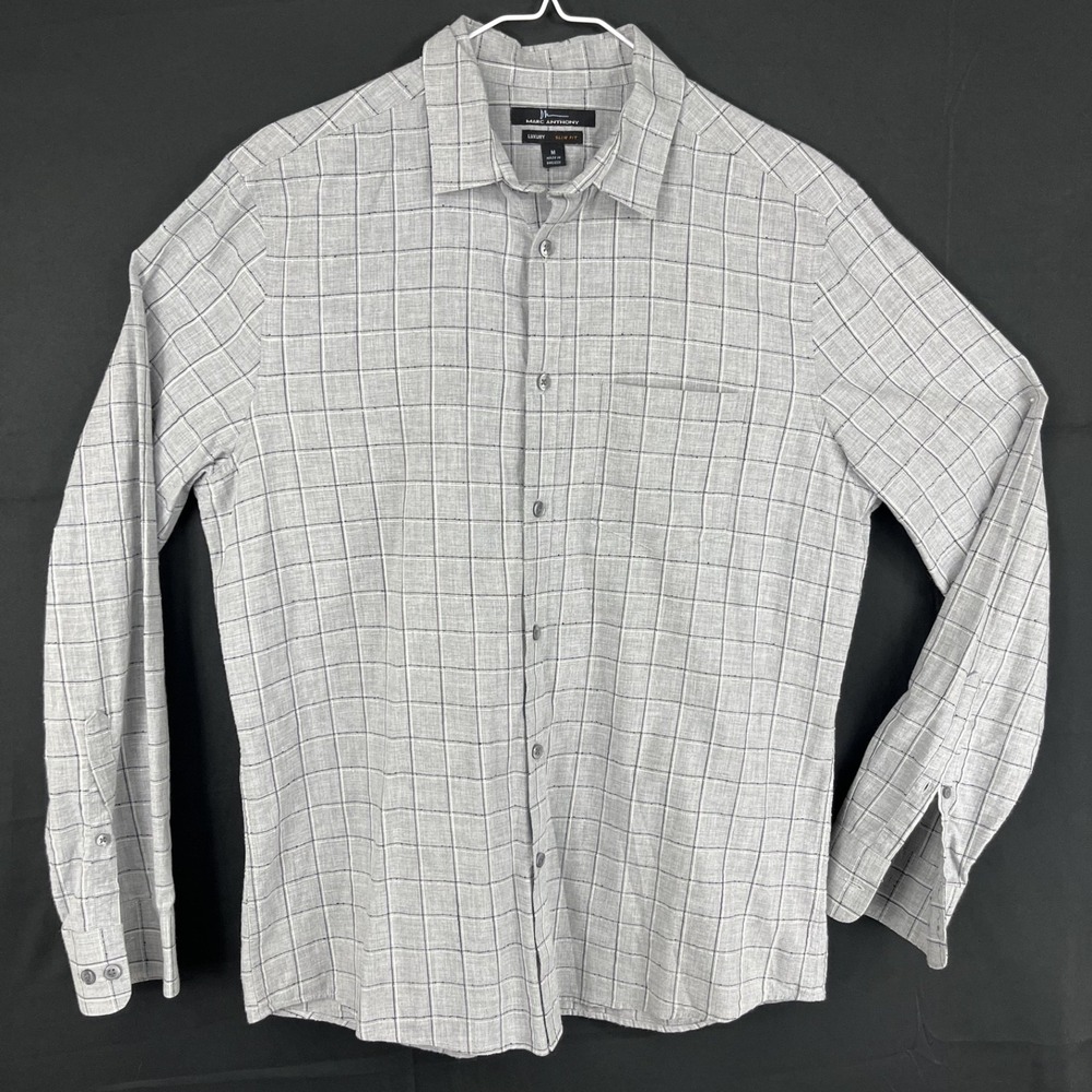 Marc Anthony Luxury Men Slim Fit Plaid Button Down Shirt Grey Cotton Blend Sz M
